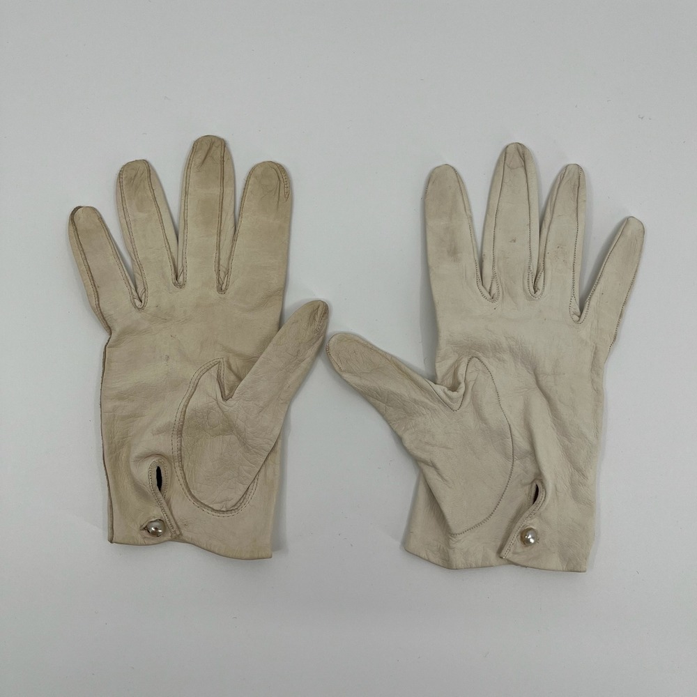 Vtg White Kid Leather Driving Gloves Womens 7 Short Wrist Dress Tea Party Femme - Picture 2 of 6